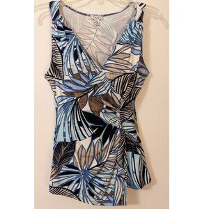 Vintage Cache Sleeveless Wrap Front Top Blue Tan Leaf Print V-Neck